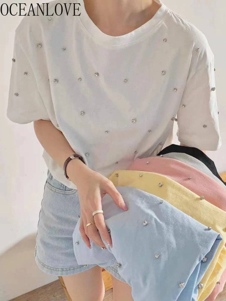 

OCEANLOVE Beading Diamonds T Shirt for Women Solid Spring Summer Korean Fashion Ropa De Mujer Sweet Loose Chic Camisetas