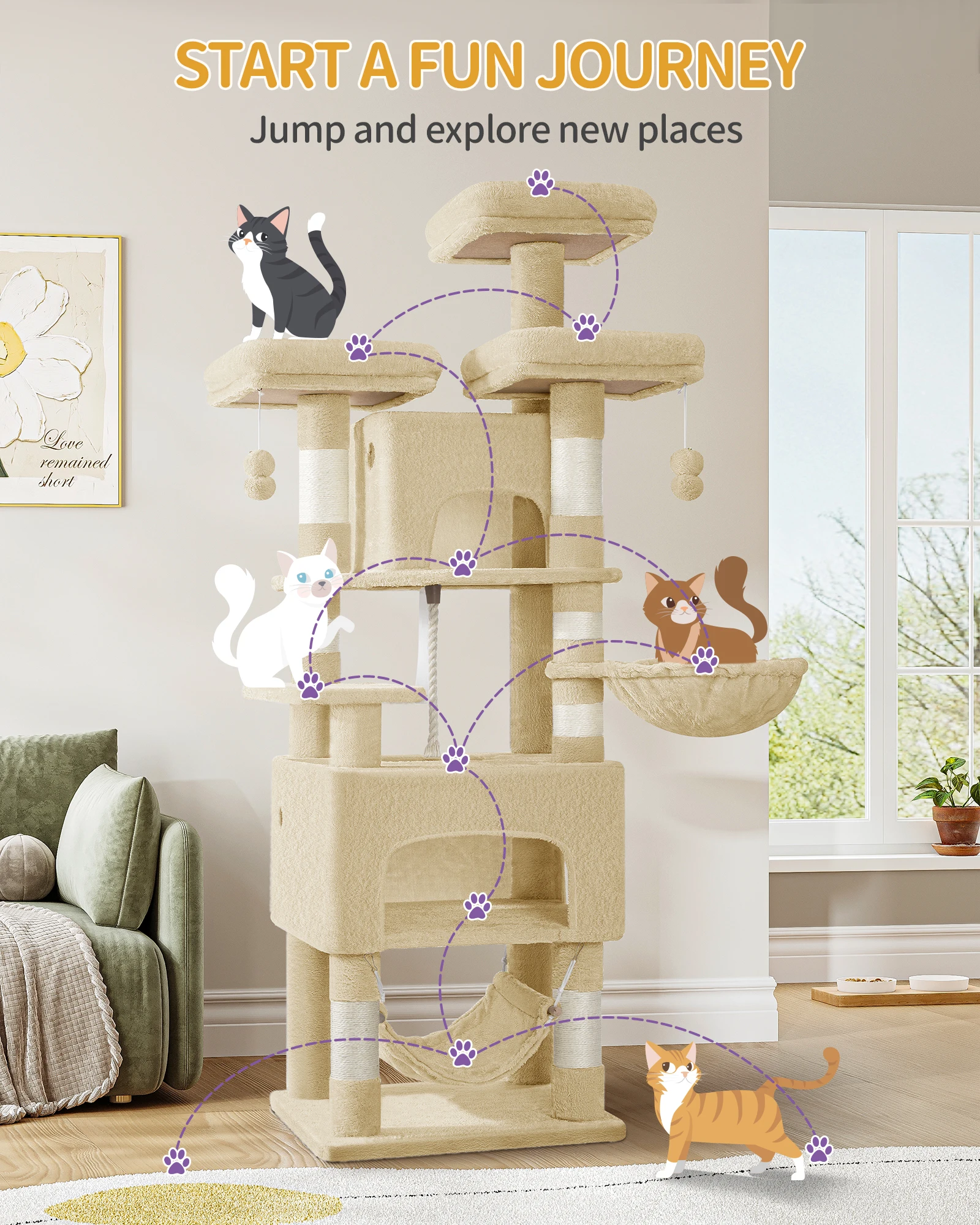 Hzuaneri Arbre à chat, XL, 3 plates-formes, 2 caves, 7 grattoirs, hamac, boules en peluche, griffoir pour ménages multi-chat