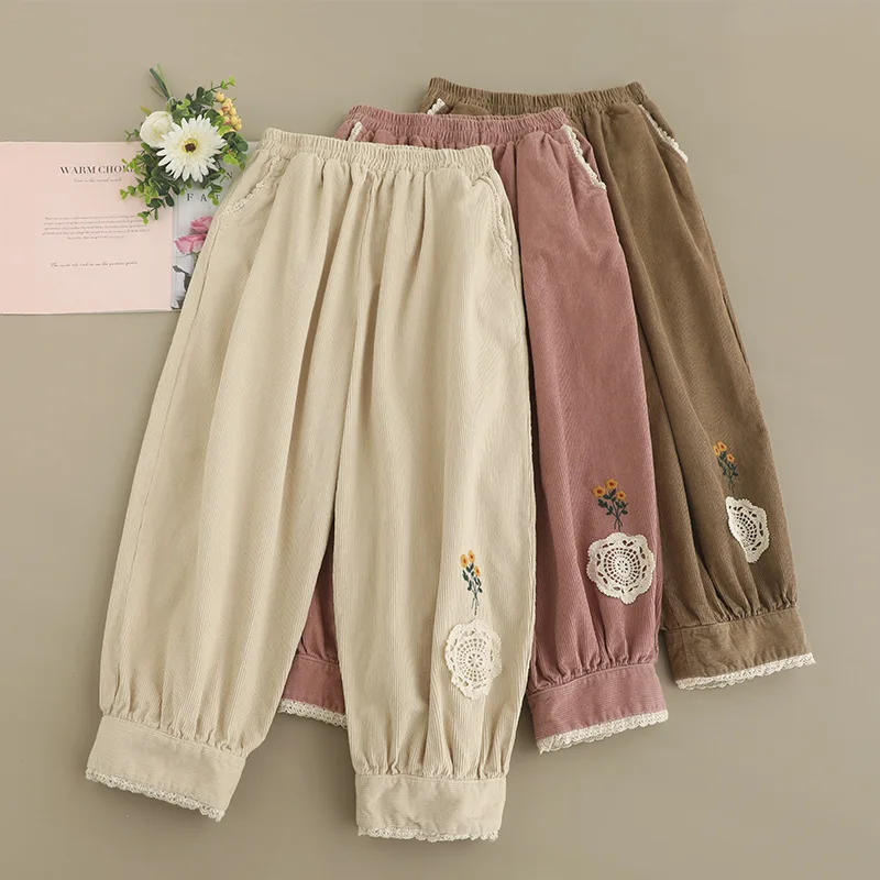 

Japanese Mori Girl Vintage Embroidery Corduroy Harem Pants Women Autumn Winter Elastic Waist Casual Loose Lantern Pants