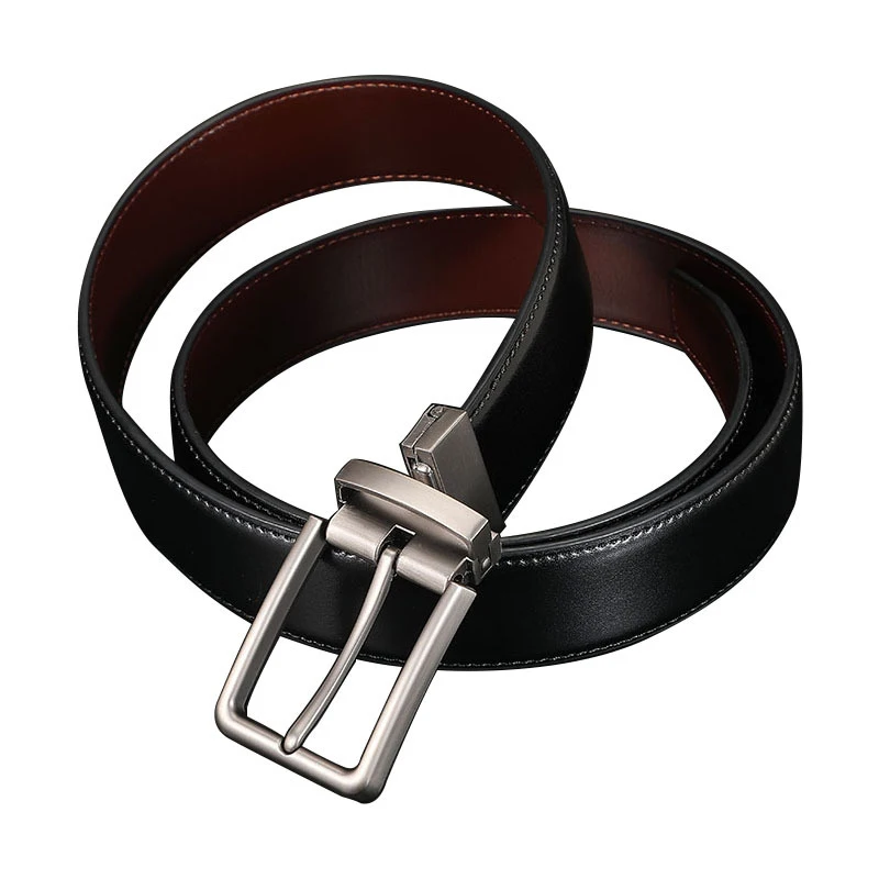 A Men's Leather Belt, Double-Sided, with a Rotatable Alloy Buckle. A Double-Color Belt, Brown/Black. The Rotating Buckle Can Be