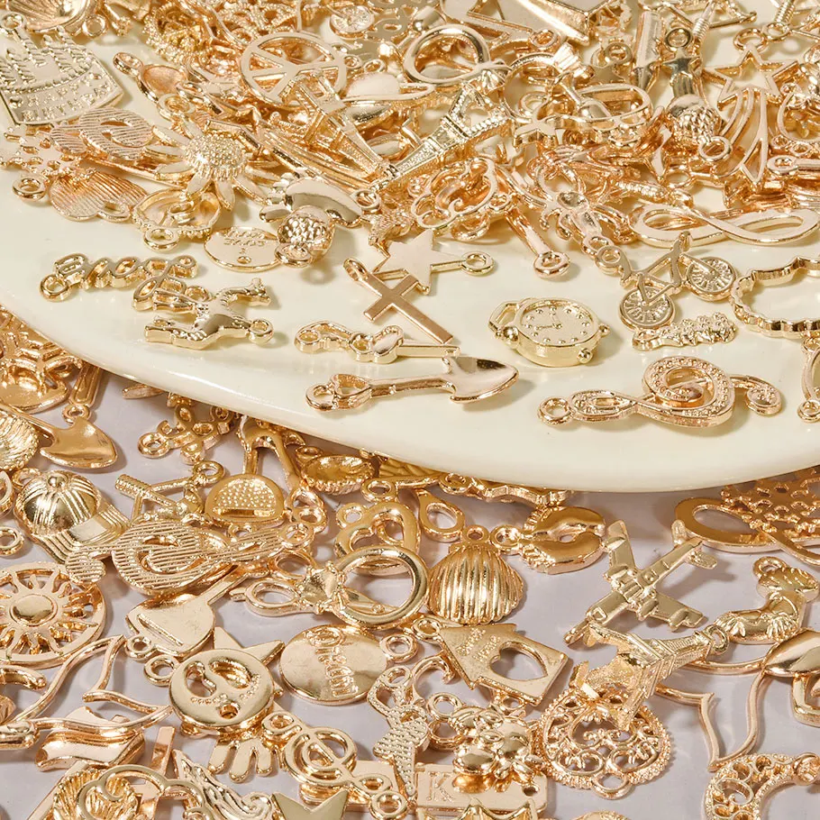 New 10-100pcs/lot Alloy KC Golden Sun Tool Insect Pendant Random Mixed Love Shell Star Witch Knot Charms Jewelry Making Findings