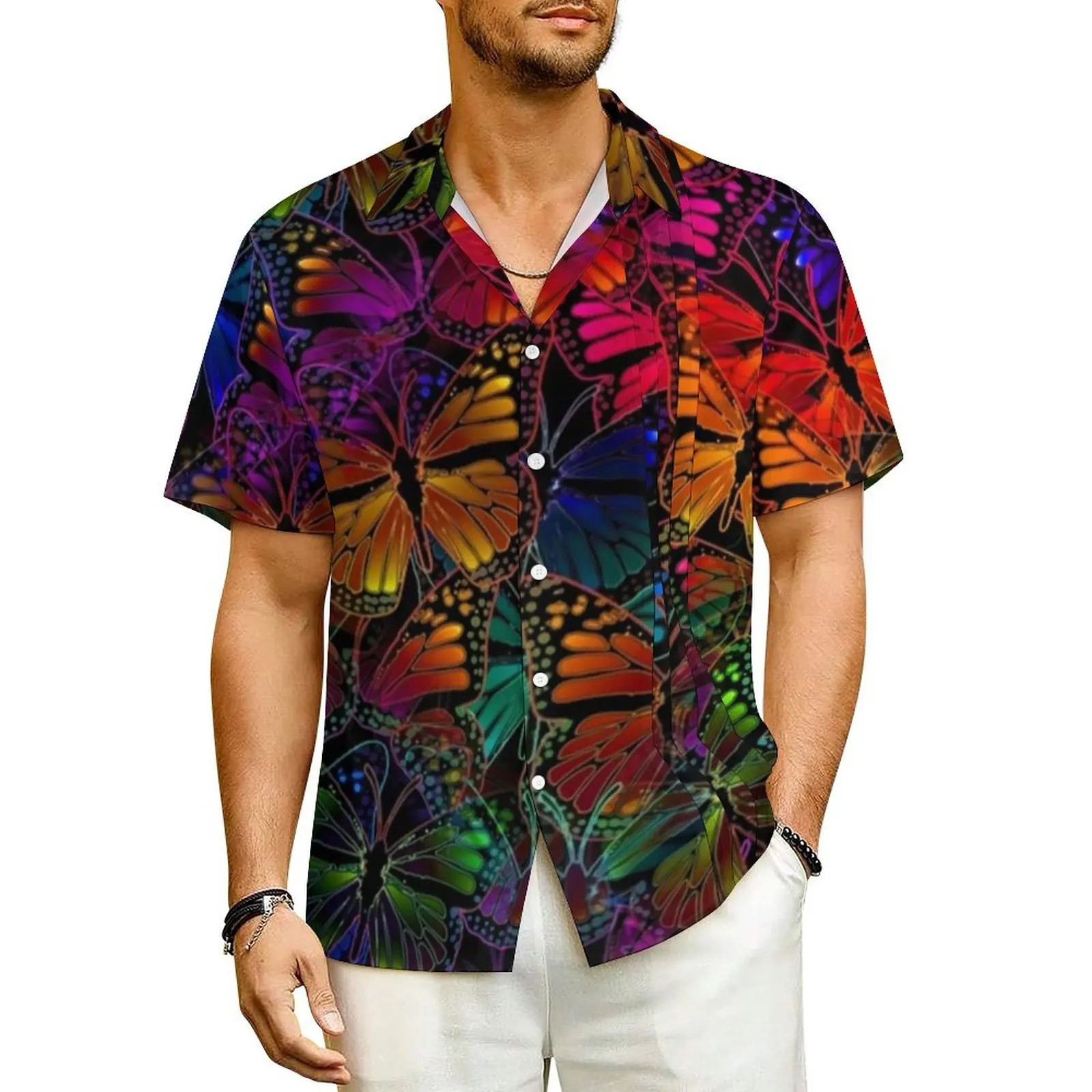 Rainbow Butterfly Beach Shirt Men Colorful Animal Print Retro Casual Shirts Hawaii Short-Sleeve Comfortable Oversized Blouses