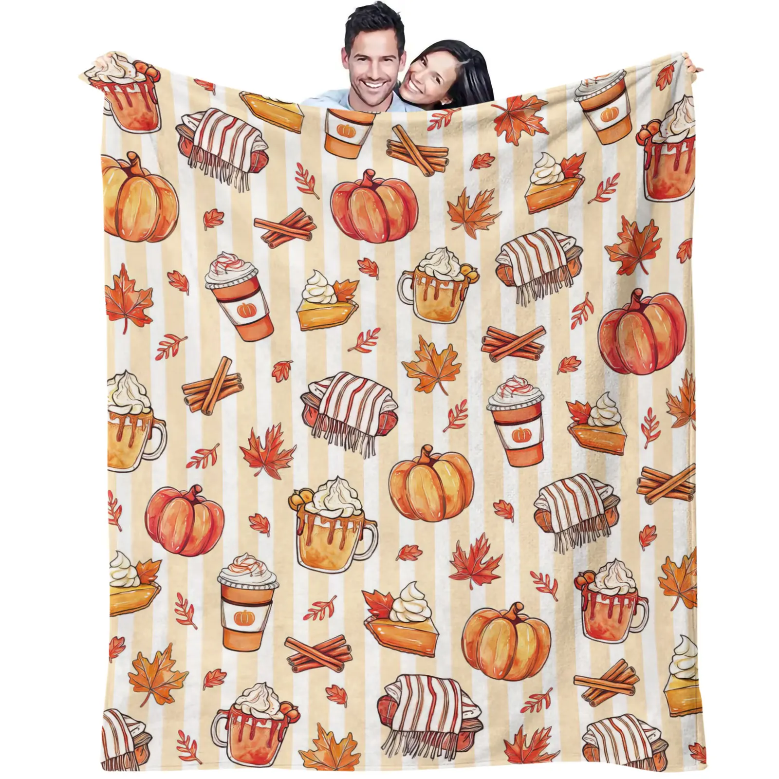 Cozy Autumn Pumpkin Coffee Maple Leaf Print Fleece Blanket Soft Flannel Warm Throw Blanket for Sofa Bed Travel Camping Home Gift