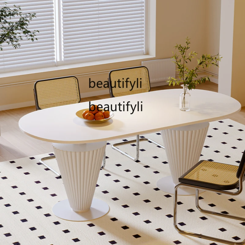 French Cream Style Stone Plate Oval Dining Table Small Apartment Home Pure White Roman Column Dining Table