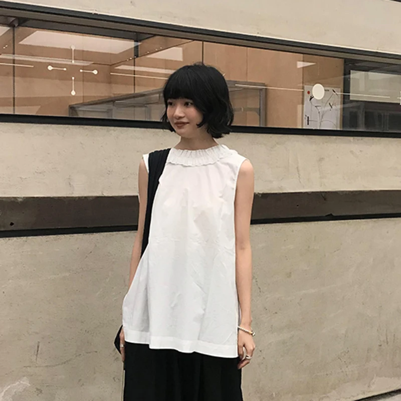 

Новое поступление 2024, летние свободные посадки, повседневные женские рубашки без рукавов с круглым вырезом и оборками, хорошее качество, модная белая блузка T168