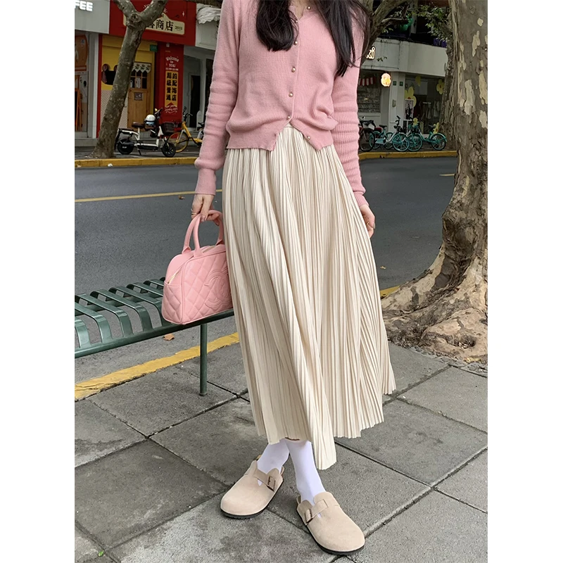 

2024 Women's Spring Autumn New Fashion High Waist Pleated Skirt Female Long A-line Skirts Ladies Solid Color Loose Skirt Q998