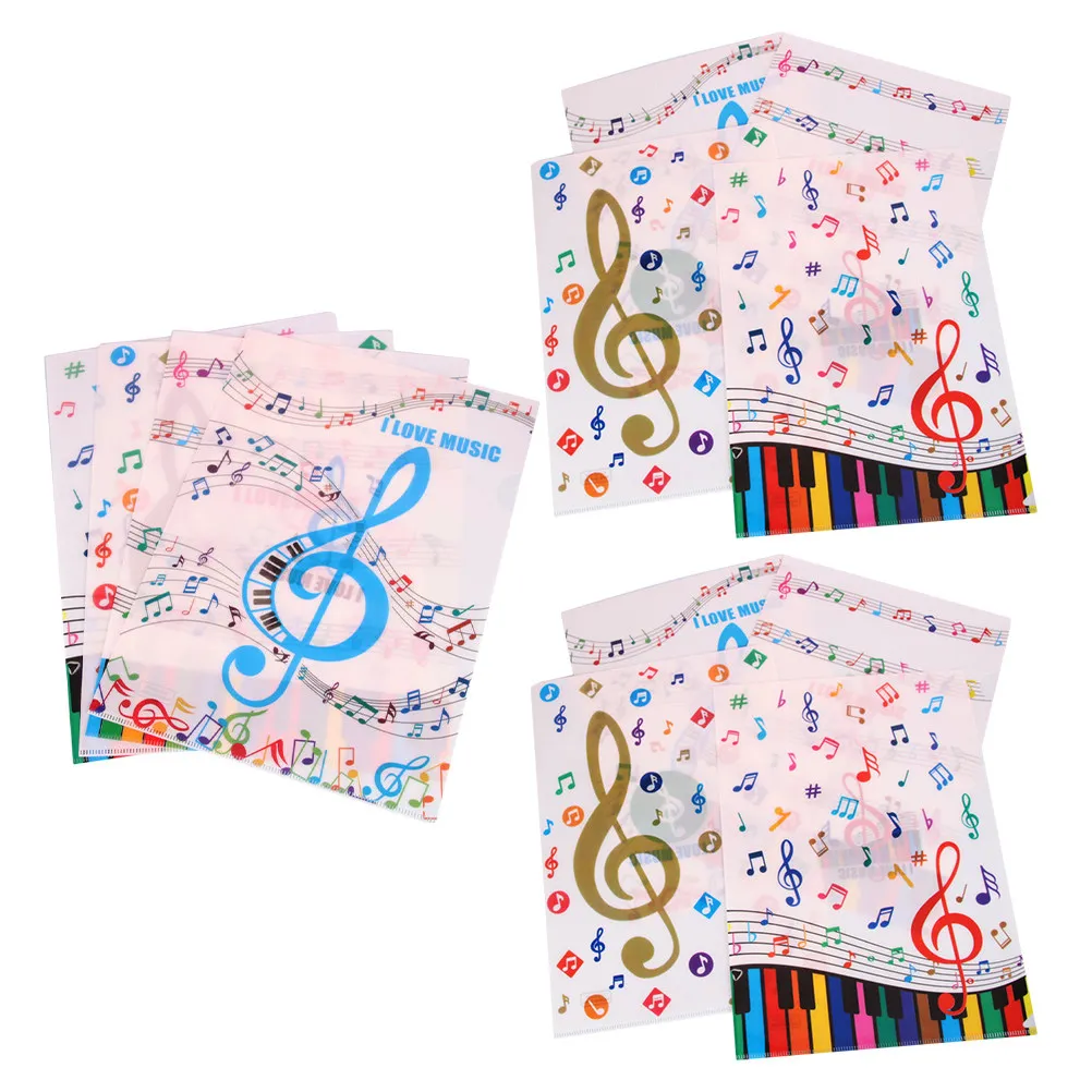 

12Pcs Piano Note Pattern A4 Document Folder L-Shaped Double-Page PVC File Organizer Spacious Music-Themed School Supplies Office