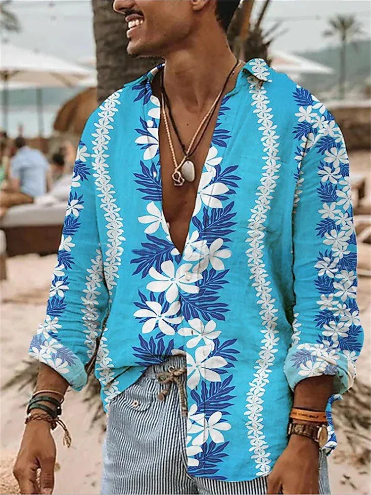 Camisa hawaiana informal para hombre, camisa de manga larga con estampado 3D de rayas de flores, botones, diseño de vista de calle a la moda, novedad