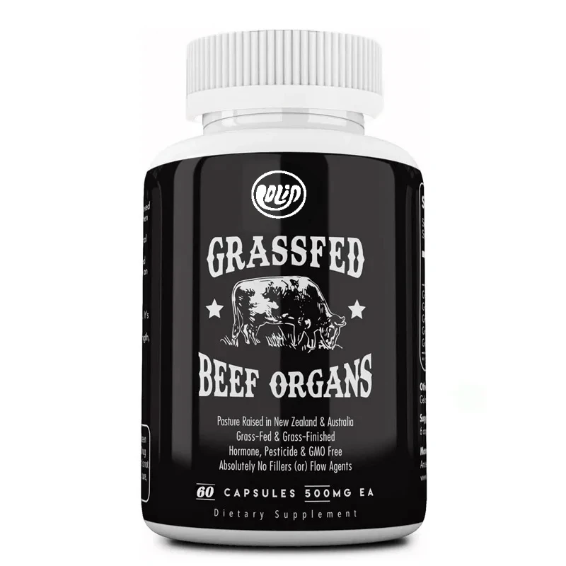 Grass fed beef organ supplement, containing liver, heart, kidney, pancreas, crispy, freeze-dried beef, non GMO, 60 capsules