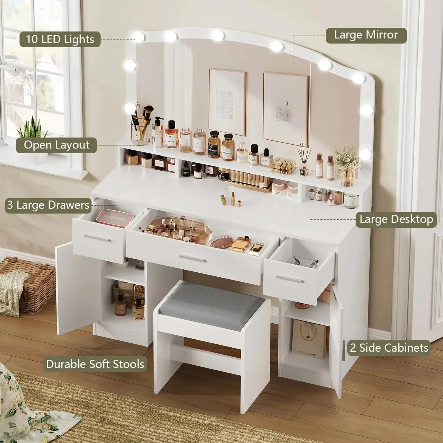 NEWMakeup Vanity with Lights, Vanity Desk, Makeup Vanity Table with 3 Drawers, 2 Cabinets &Long Storage Shelf, 10 Led Lights image 3