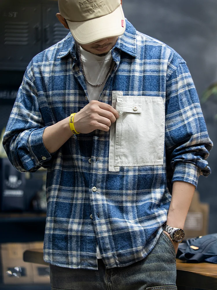Autumn Pure Cotton Long Sleeve Plaid Shirt Men Loose Casual American Workwear Shirt Men's Casual Outerwear Trendy