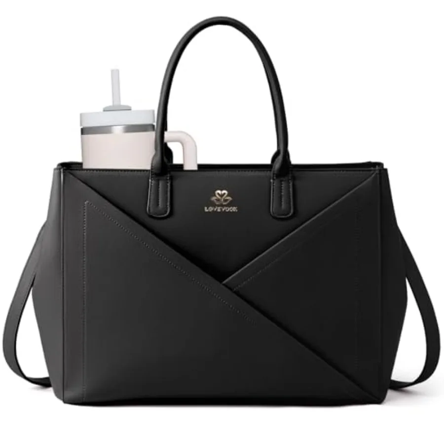 

Laptop Tote Bag for Women with Large Cup Holder PU Leather Work Bag Teacher Tote Bag Waterproof Computer Bags Business Office B