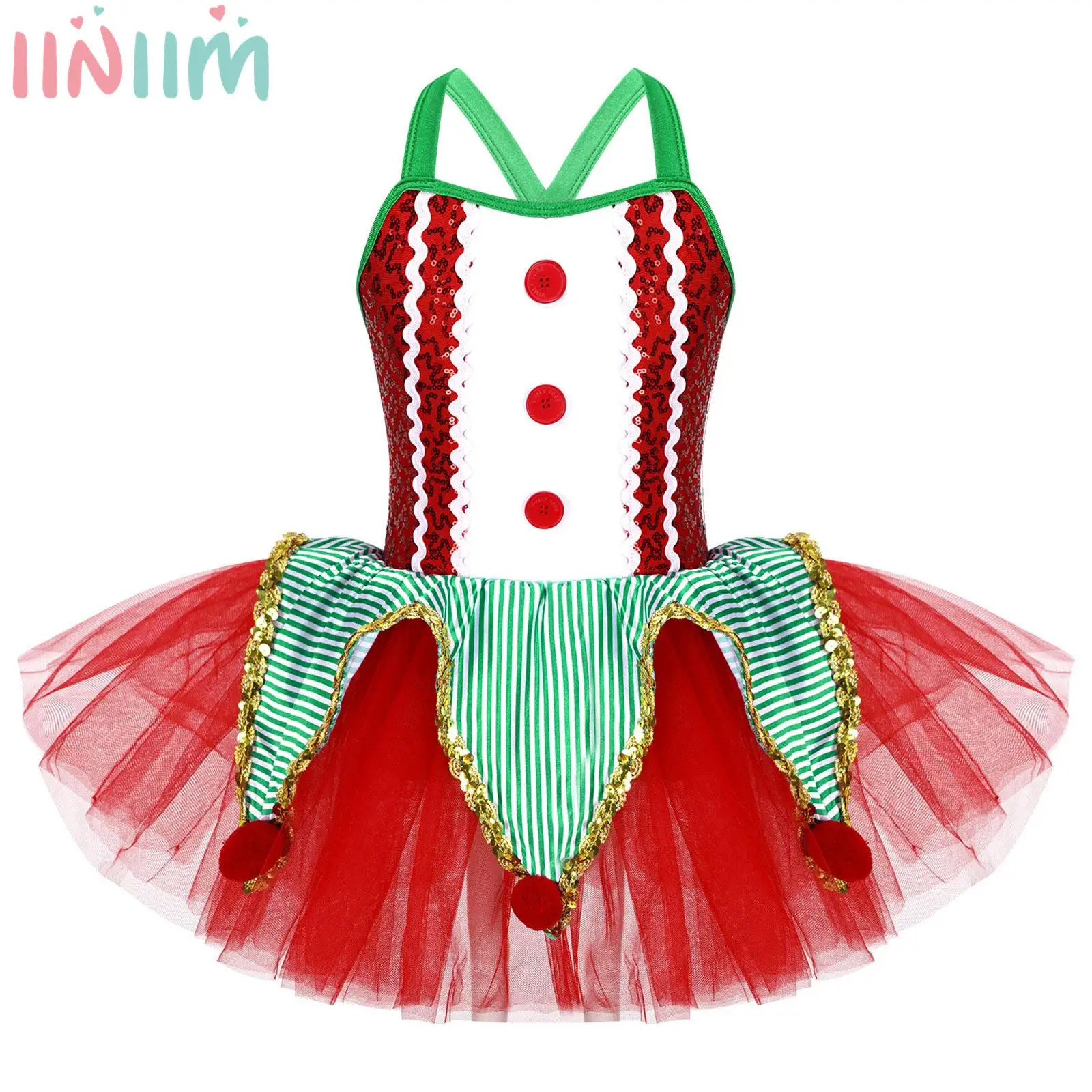 Kids Girls Christmas Performance Dress Striped Gold Trimmed Triangle And Velvet Pom-poms Mesh Patchwork Jumpsuit Dress