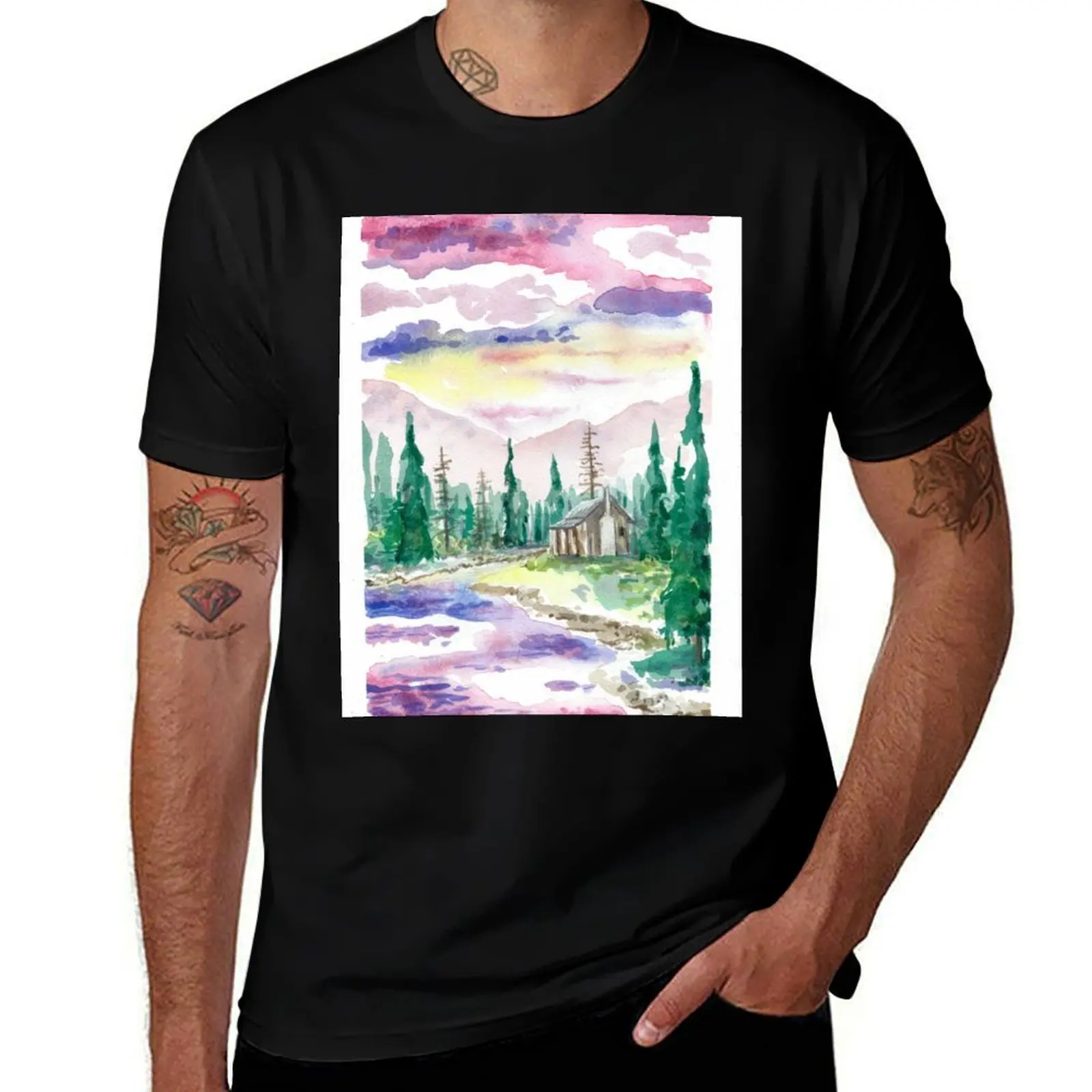 

the Cabin shirts man slim T-Shirt Woods Watercolor with shirts t t t for In man shirts prints for graphic fit