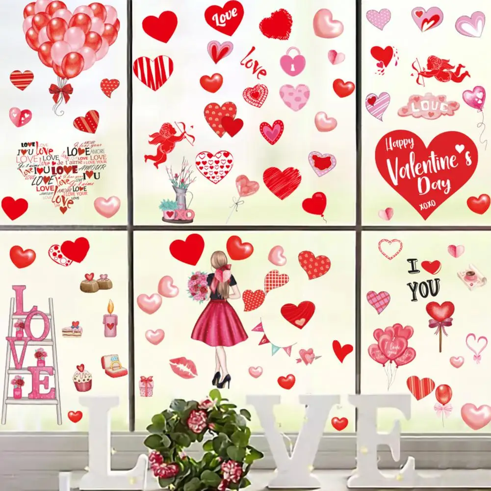 7 Sheets Valentine Day Wall Stickers Love-themed Pattern Static Wall Decals Store Glass Holiday Decoration