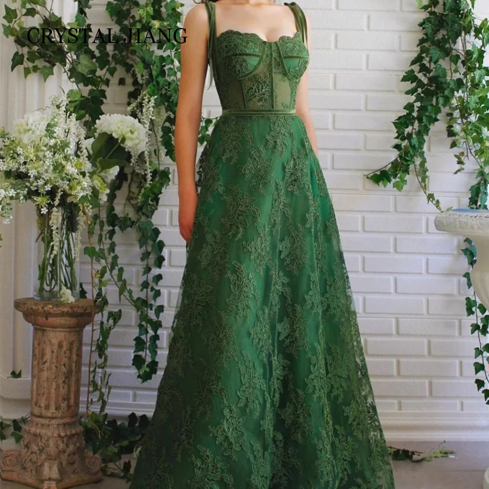 Classy Long Green Spaghett Straps Lace Embroidery Prom Dresses Sleeveless A Line Floor Length Vestido De Festa