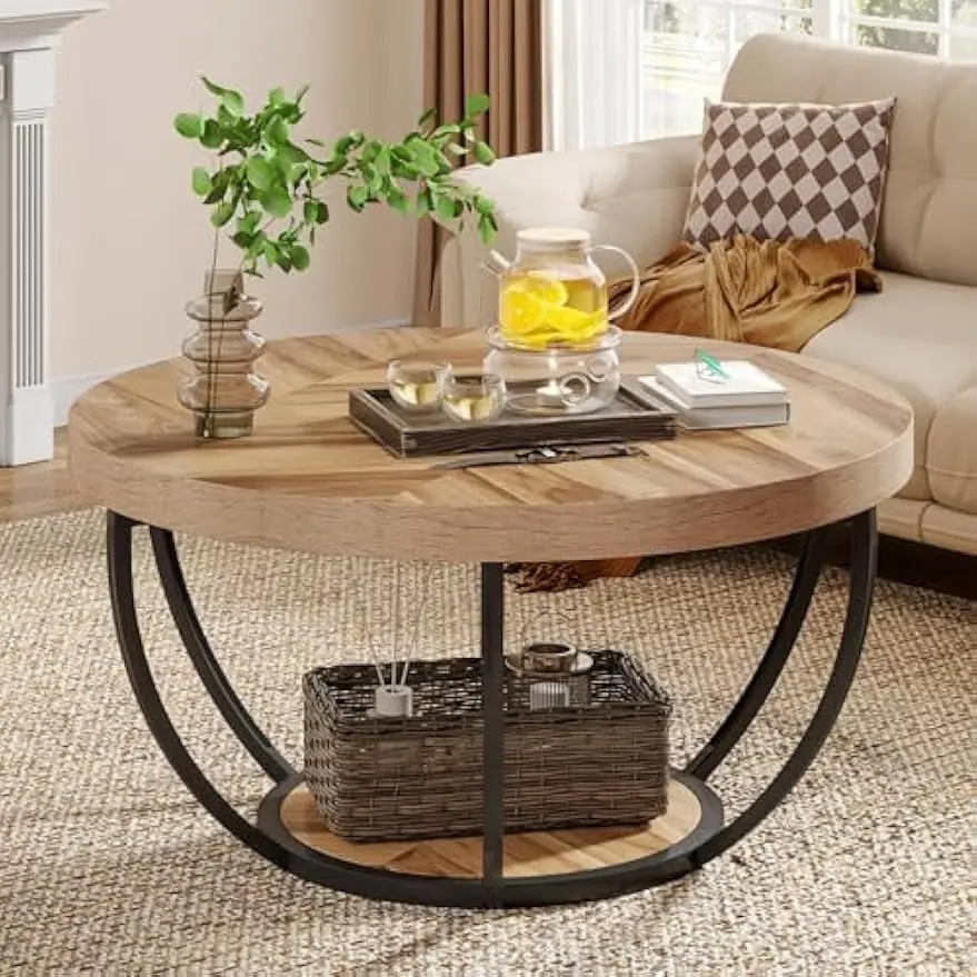 

Round Coffee Table,Modern 2-Tier Center Table with Storage Open Shelves,Wooden Sofa Side Table with Metal Legs for Living Room