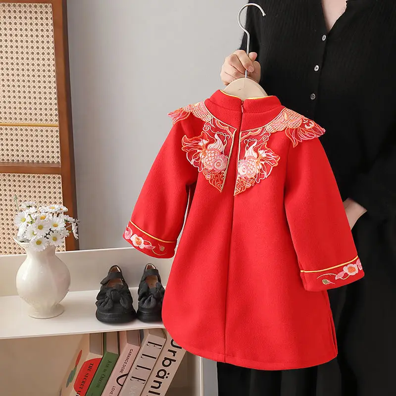 Autumn and winter girls\' Tang dress baby\'s New Year\'s red dress children\'s velvet long sleeved dress formal dress