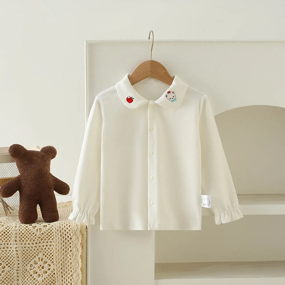 

spring baby girl clothes kids tops cotton lapel undershirt Cartoon embroidery collar Sweet little girl's white shirt