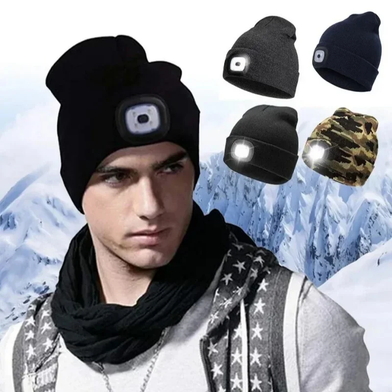 USB Rechargeable Hands Free 4 LED Headlamp Cap Winter Knitted Night Lighted Hat Flashlight Women Men Gifts for Dad Him Husband