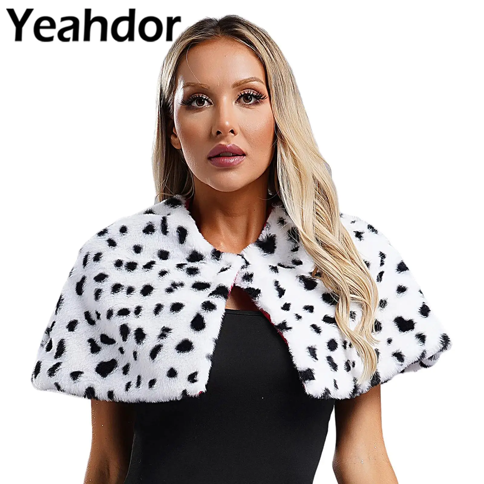 Womens Spotted Artificial Fur Cape Shrug Dalmatian Print Shawl Scarf Cosplay Halloween Party Black and White Scarf Accessories