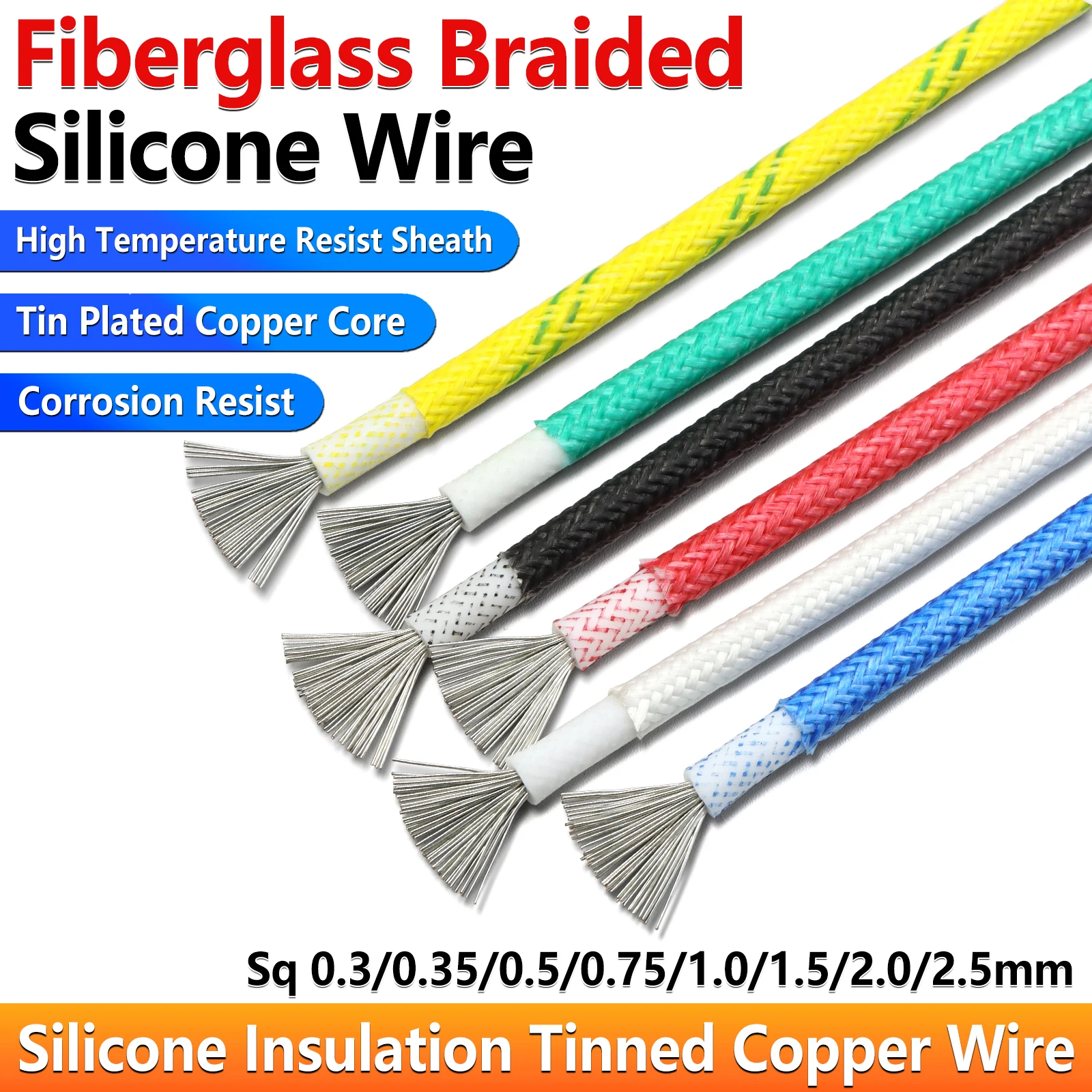 

1/5/10M Fiberglass Braided High Temperature Tinned Copper Wire Silicone Rubber Insulation Warm Floor Heat Element Electric Cable