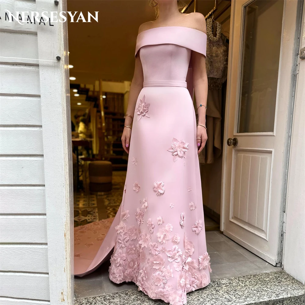 Nersesyan Pink Lace Elegant Formal Evening Dresses 3D Flowers Off Shoulder A-Line Prom Dress Occasional Celebrity Party Gowns