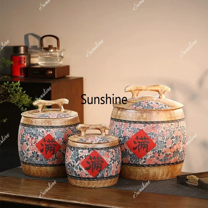 Ceramic rice tank household storage sealed insect-proof moisture miscellaneous grains retro Chinese style