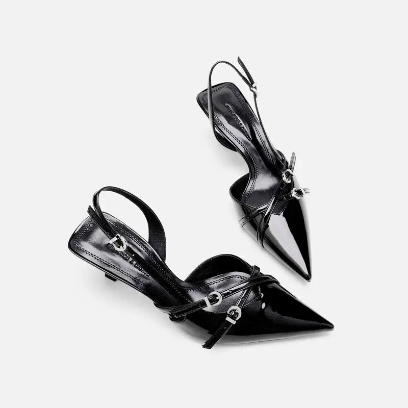 

Fashionable Pointed Toe Shallow Mouth New High-heeled Shoes Summer Elegant Buckle Decorated Stiletto Black Women's Shoes