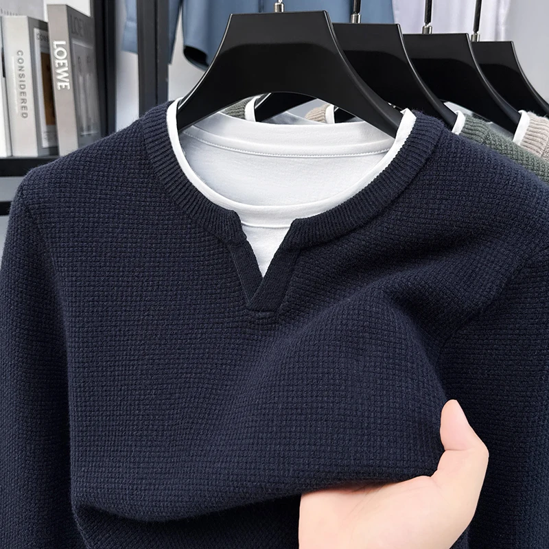 

High Quality Knitted Sweater Round Neck Long Sleeved Base Shirt Men's Autumn and Winter V-neck Sweater Base Shirt