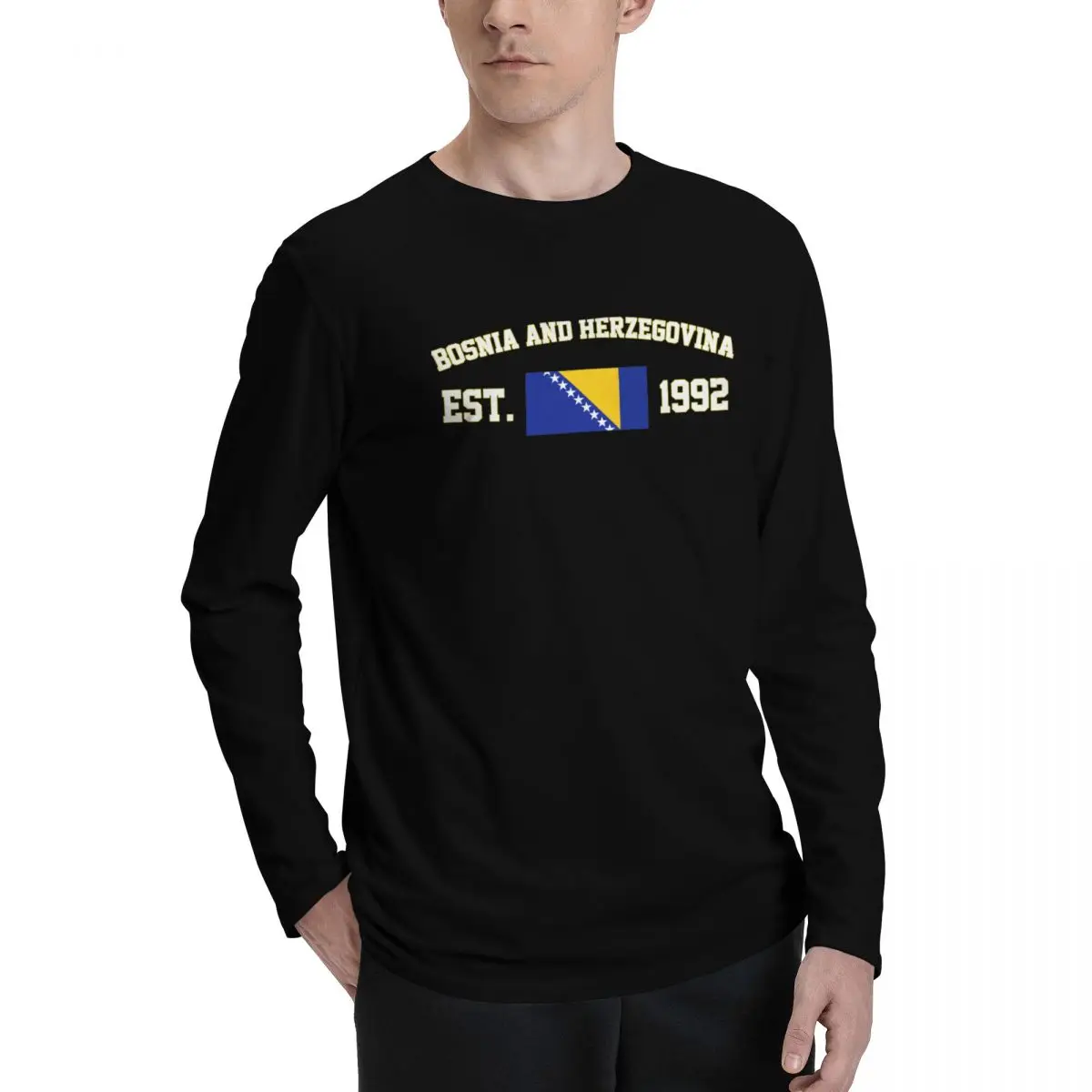 100% Cotton Bosnia And Herzegovina Flag With EST. Year Long Sleeve Autumn T shirts Men Women Unisex Clothing LS T-Shirt Tops