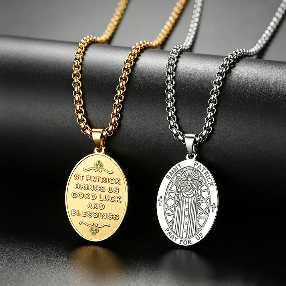 St. Patrick Medal Necklace for Men Saint Patrick Pray For Us Oval Pendant Stainless Steel Lucky Clover Blessing Amulet Jewelry