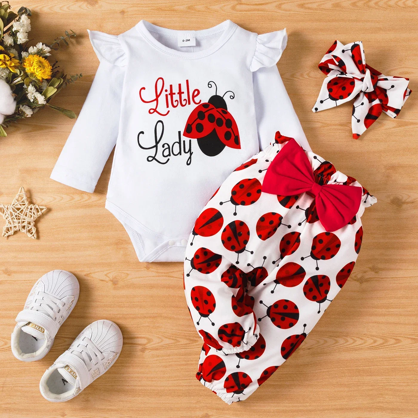 PatPat 3pcs Baby Girl 95% Cotton Ruffle Long-sleeve Ladybug Letter Print Romper and Bowknot Trousers with Headband Set