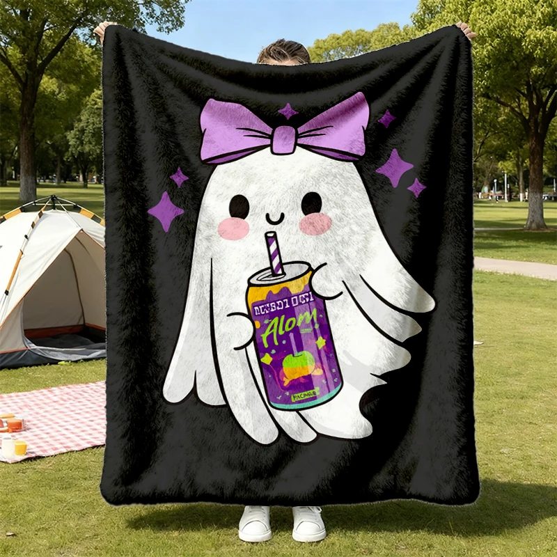 Spooky Alani Ghost Halloween Soft Blanket, Cute Ghost With Energy Drink Fall Comfy Blanket, Spooky Season Ghost Alani Fl