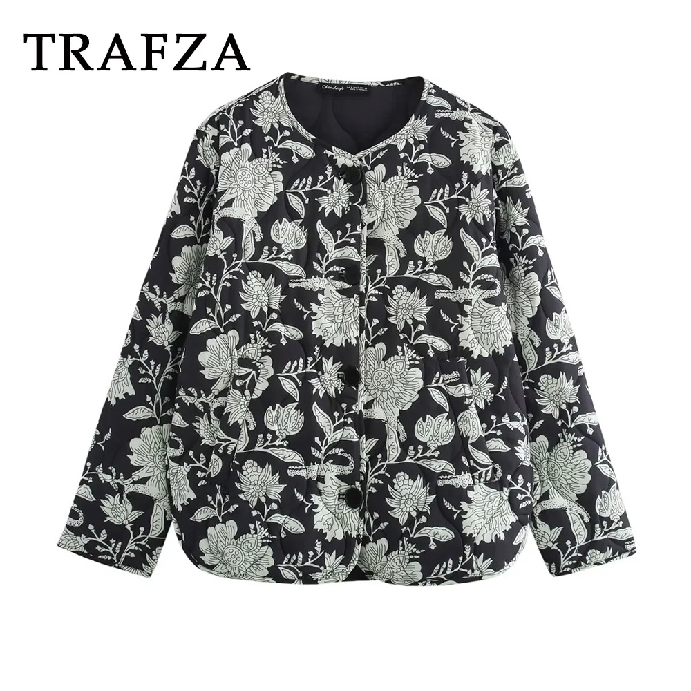 

TRAFZA 2024 Autumn Winter Women Plant Print Coats Single Breasted Pockets Jackets O-Neck Loose Warm Thick Female Outwears