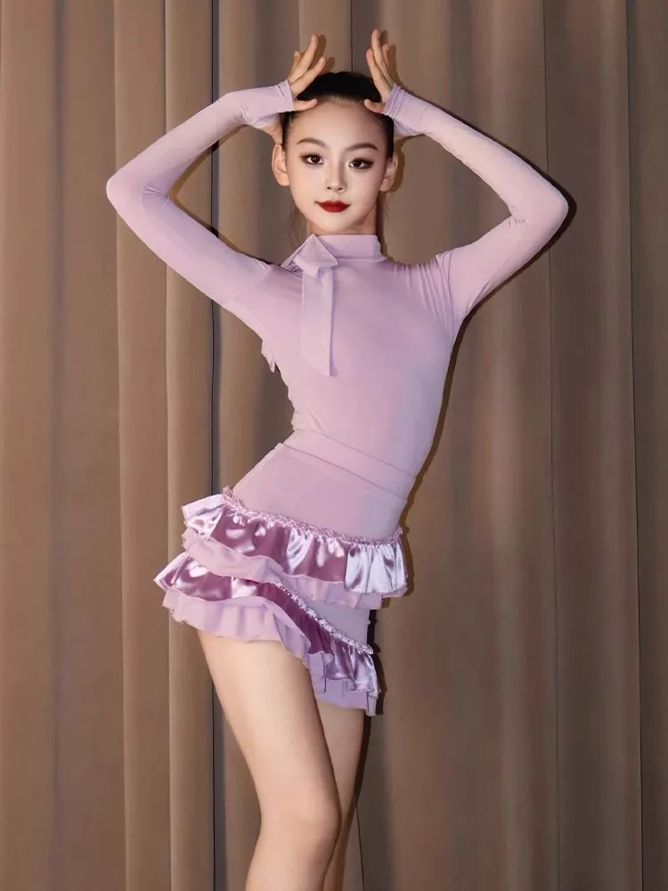 뉴 키즈 슬리밍 하이넥 탑 스커트 라틴 댄스 드레스 공연 의상 스플릿 슈트 차차 댄스 연습복 DQL11955