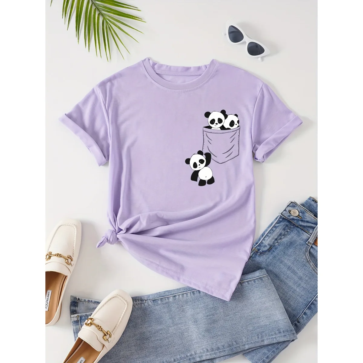 Panda Print Crew Neck T-Shirt, Casual Short Sleeve T-Shirt For Spring & Summer, casual basics O-collar Women's Clothing