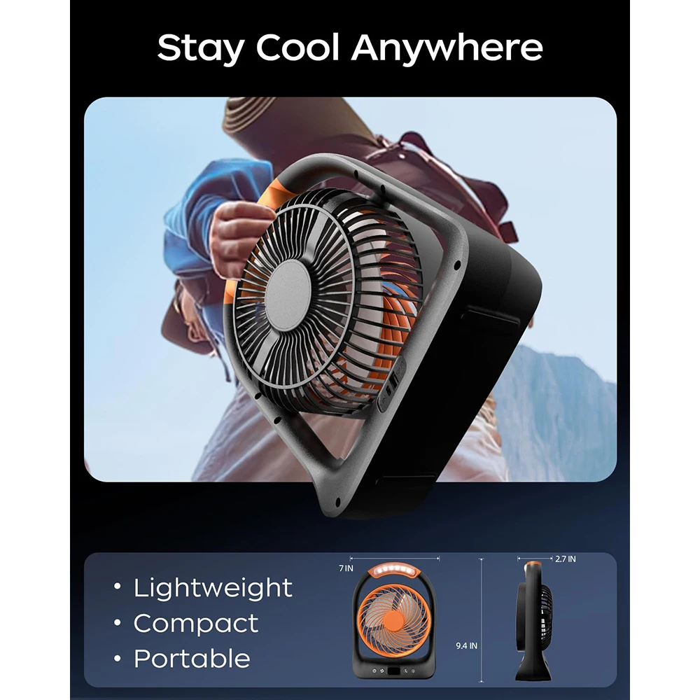 مروحة تخييم 3 سرعات قابلة للتعديل مروحة مكتب محمولة قابلة للشحن 360 درجة °   مروحة كهربائية قابلة للإمالة مع مروحة تبريد للوقت المحدد LED