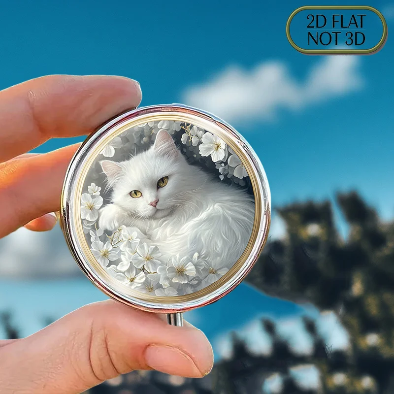 Single-piece flat portable round metal pill box, featuring a white cat pattern sprayed on a gray background, suitable for organizing medication and can also be used to store vitamins or accessories, making it a thoughtful gift for fathers, with a flat design