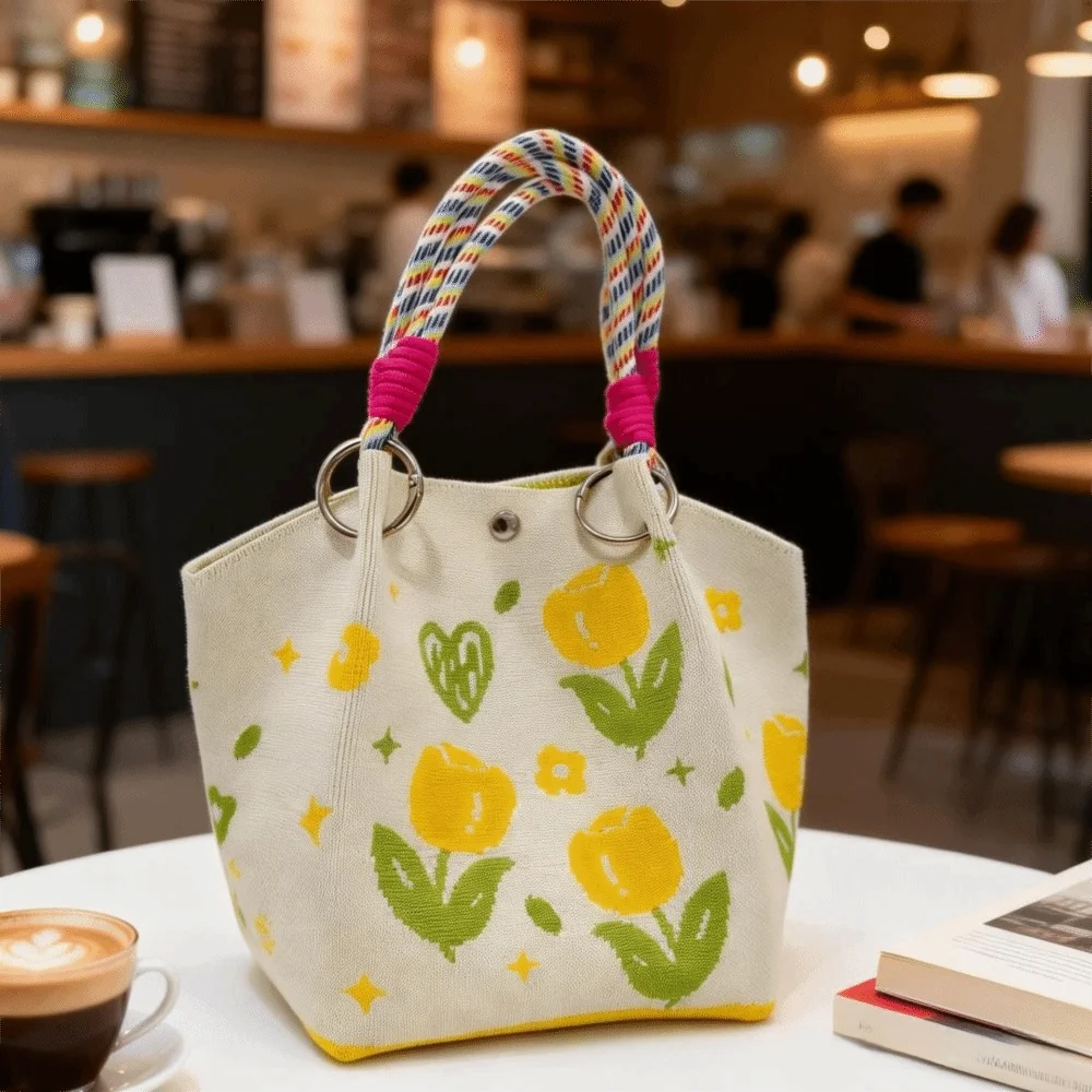 New Cat-themed Floral Knitted Tote Bag Wrapped Handle Cartoon Fabric Handbag Large Capacity Colorful Women Tote Bag Daily Use