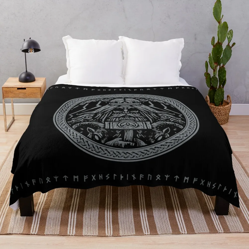 Odin Medaillon with runes, hammer Mj?lnir and ravens Norse Viking Mythology engraved wood style Throw Blanket