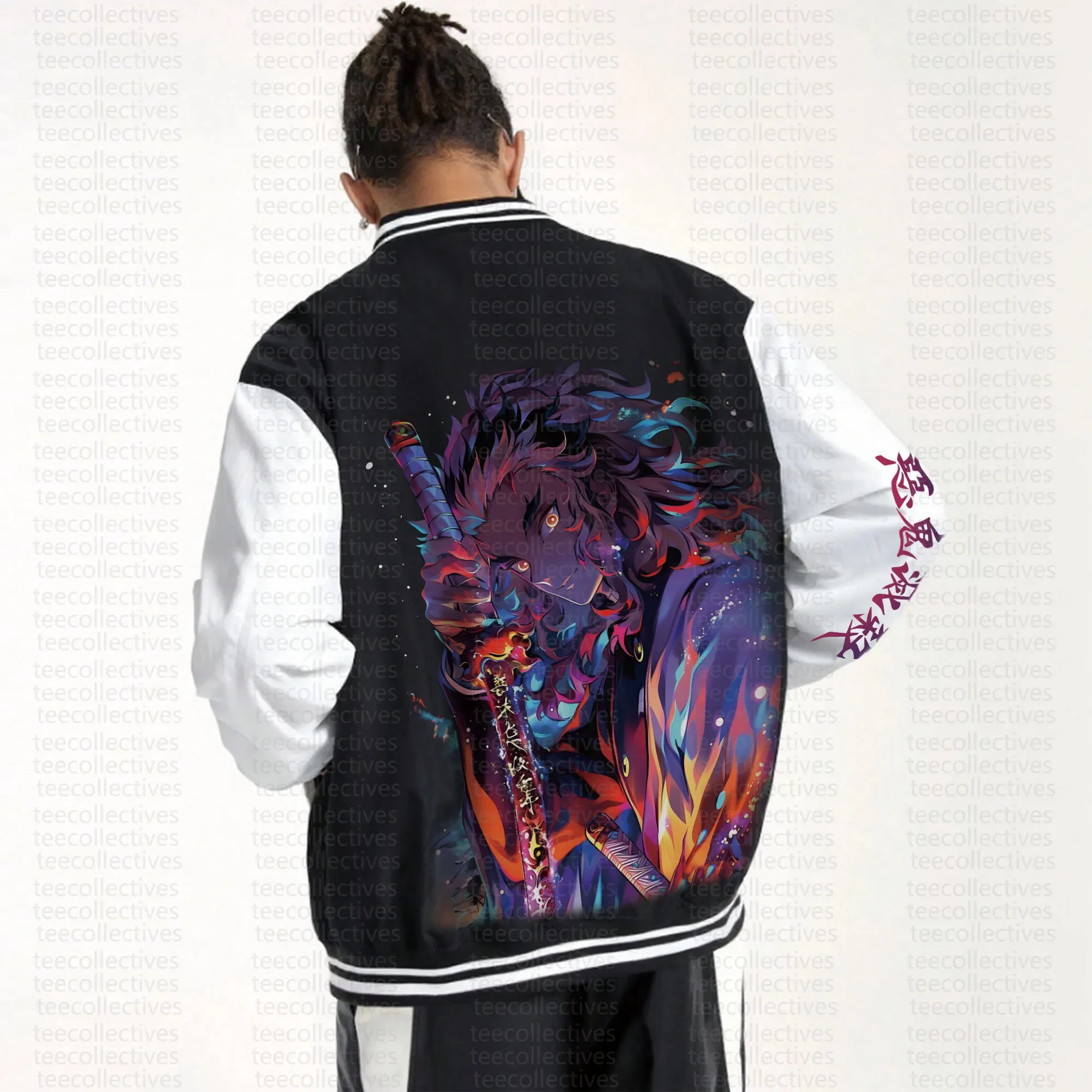 

Men's Black White Baseball Jacket with Purple Dreadlocks Samurai Back Print Flaming Katana and Cosmic Nebula Design Streetwear