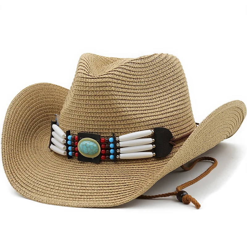 

Women khaki Turquoise Belt New Cowboy Hat Floppy Beach Hats Summer Straw Hats Ladies UV Protection Hat Men Panama Sun Hat