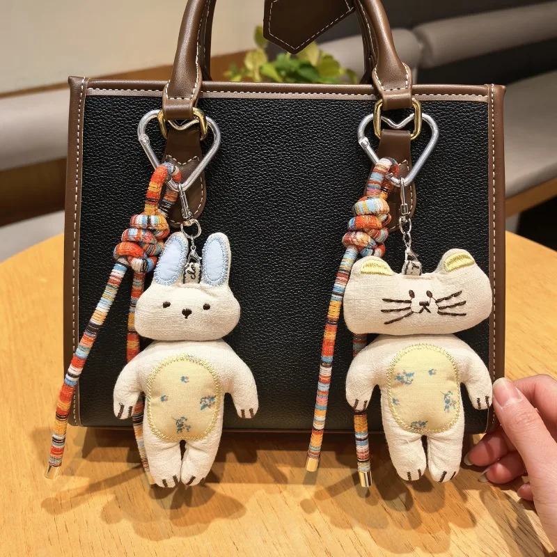 

Handmade Cotton Floral Cat and Rabbit Keychain Bag Charm Cute Plush Toy Pendant for Purse High Quality Fashion Accessories New