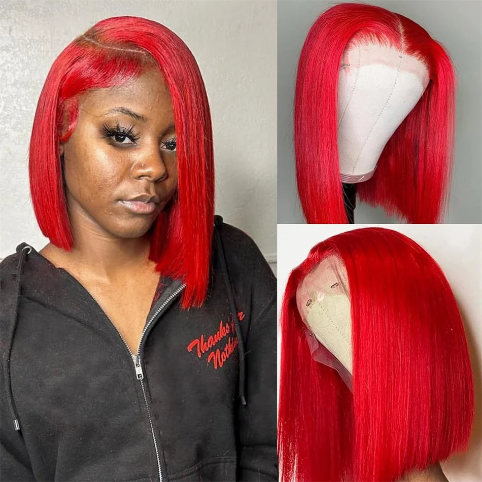 Brazilian Bone Straight Red Bob Wig para Mulheres, Lace Front, Cabelo Humano, Lace Frontal Perucas, Hot, 13x4, 10 ", 12", 14 ", 16"