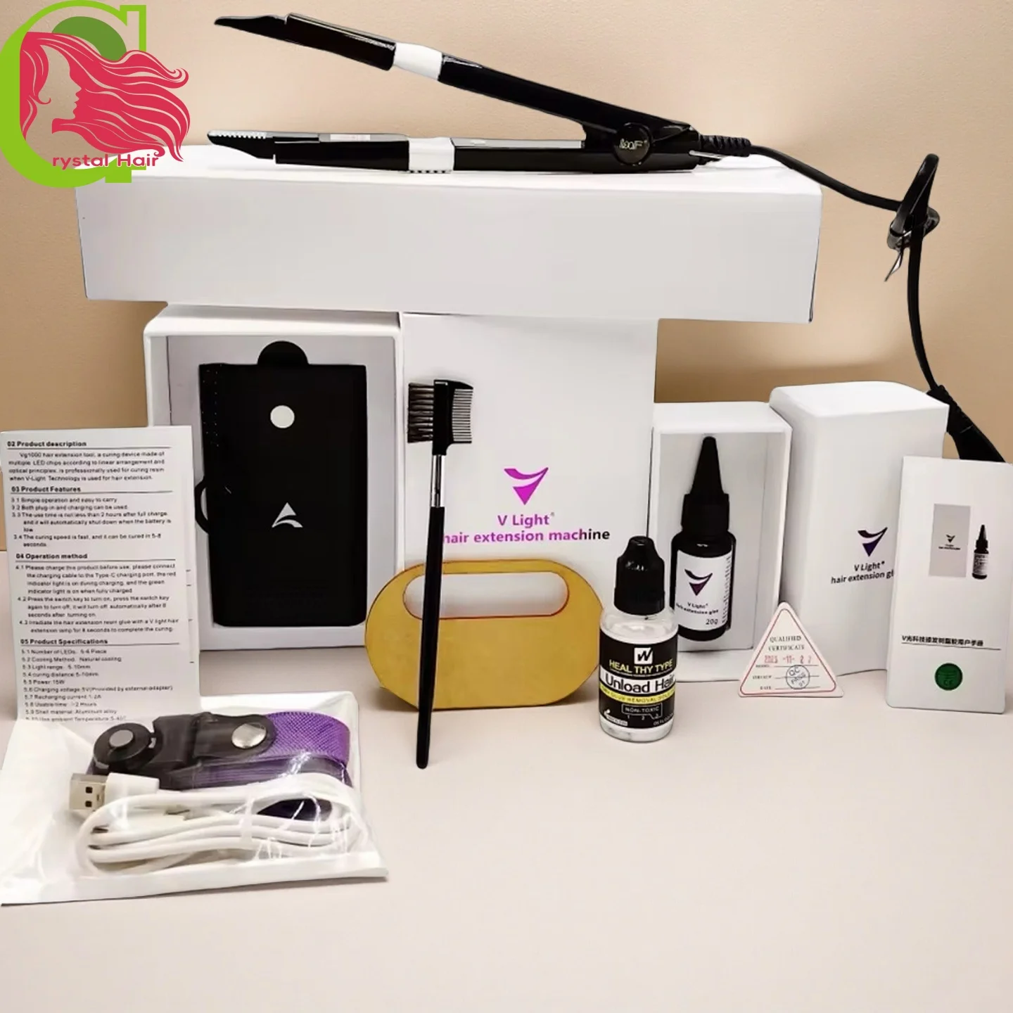 

V-Light Technology Hair Extension Machine Black Hair Extension Tools Kit Set for Human Hair Extensi with V light Hair Glue