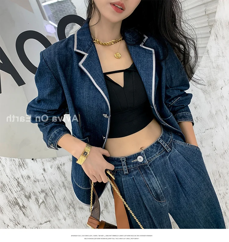 Early Spring Designer Women's Fashion Small Fashion Denim Suit Set Women's Advanced Sense Royal Sister Fried Street Two Piece