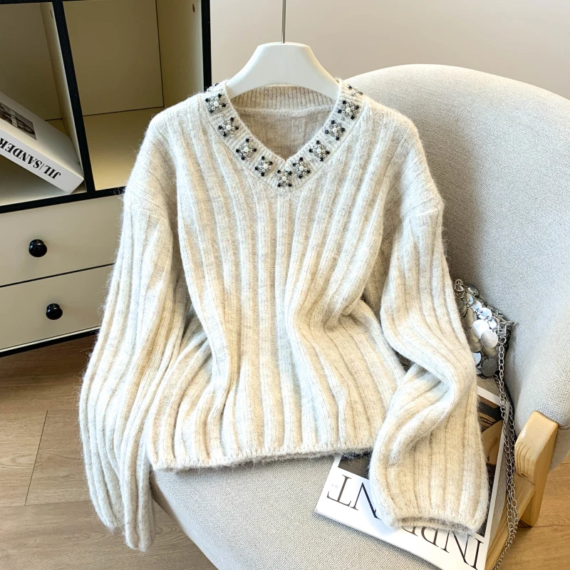 Women Apricot Pullover Sweater Y2k Gyaru Vintage Oversize O-Neck Long Sleeve Knitwear Sweater Korean Style Knit Top for Women