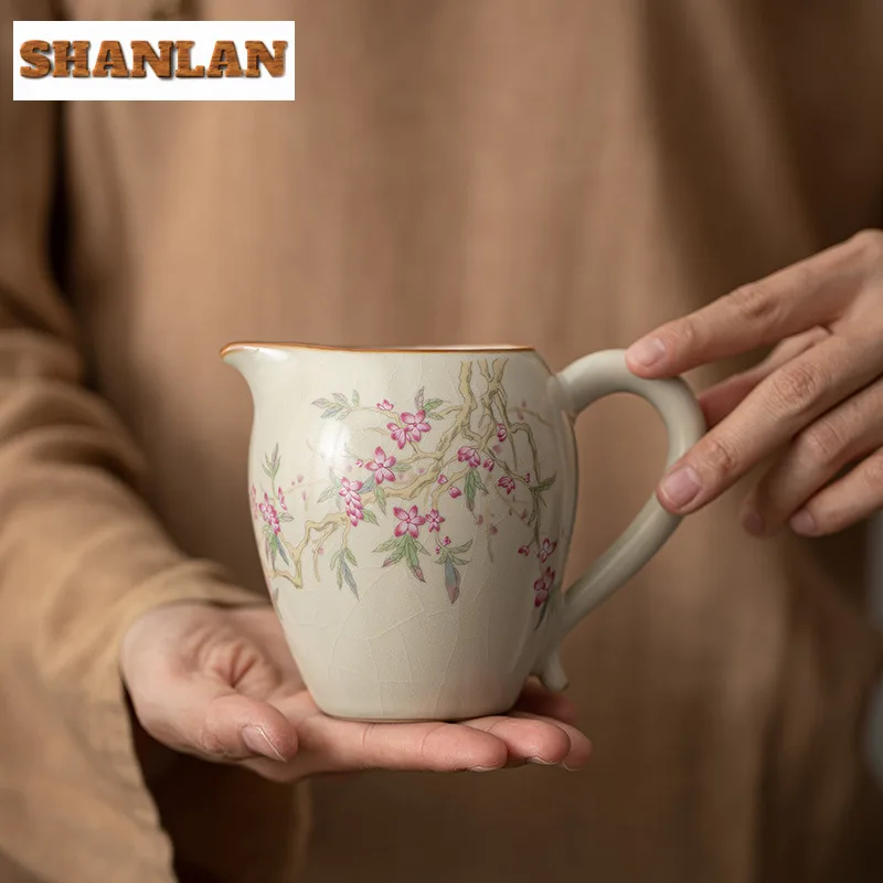 

Креативная фарфоровая чашка Ru Kiln с ушной ручкой, розовая персиковая ветка, заварочный чайный заварочный стакан Zen Chahai Justice Cup, кунг-фу, чайный набор, ремесло