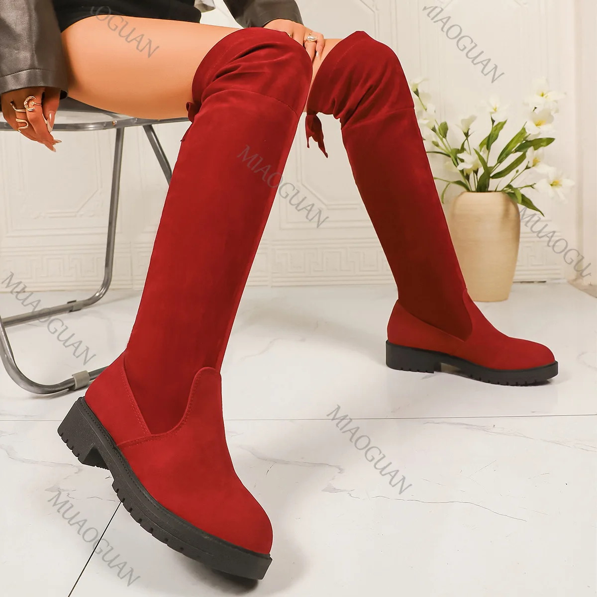 Stretchy Thigh High Boots for Women Chunky Middle Heel Suede Solid Over The Knee Boots Autumn Winter Back Lace Up Long Botas